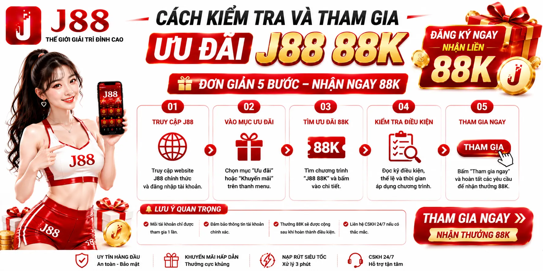 Cách kiểm tra và tham gia ưu đãi J88 88K